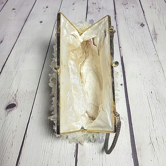 Mr Ernest Evening Hand Bag White Vintage Beaded & Sequins Purse Madein Hong Kong - Picture 3 of 11